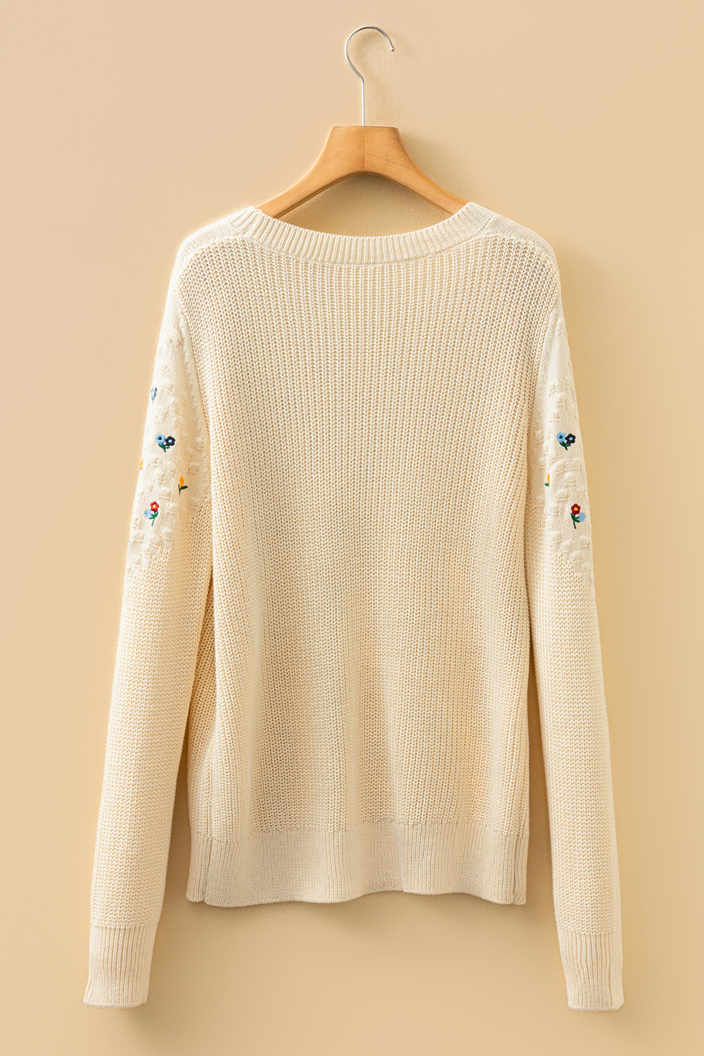 Jet Stream Mixed Texture Knit Flower Embroidered Detail Casual Sweater - loveforevers