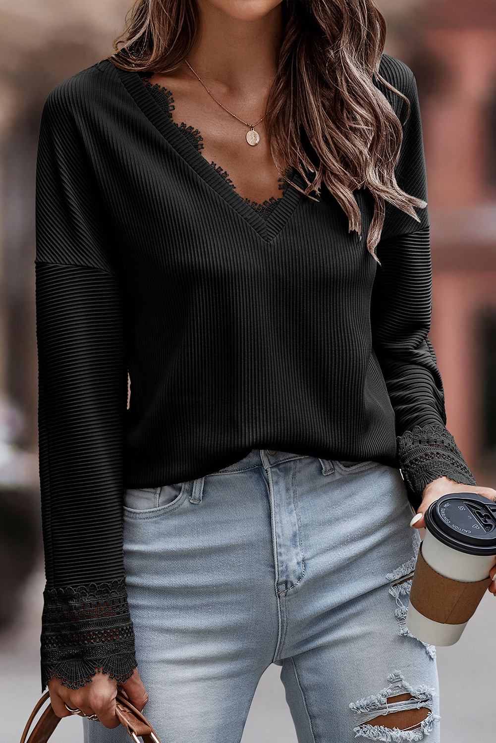 Black Ribbed Texture Lace Trim V Neck Long Sleeve Top - loveforevers