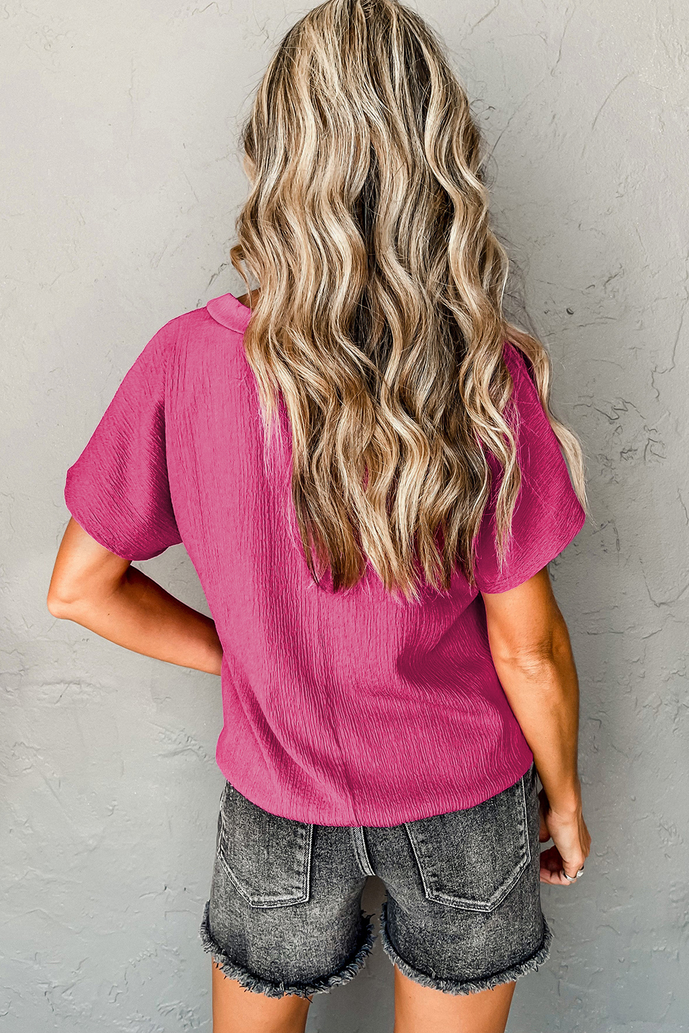 Bright Pink Crinkled V Neck Wide Sleeve T-shirt - loveforevers