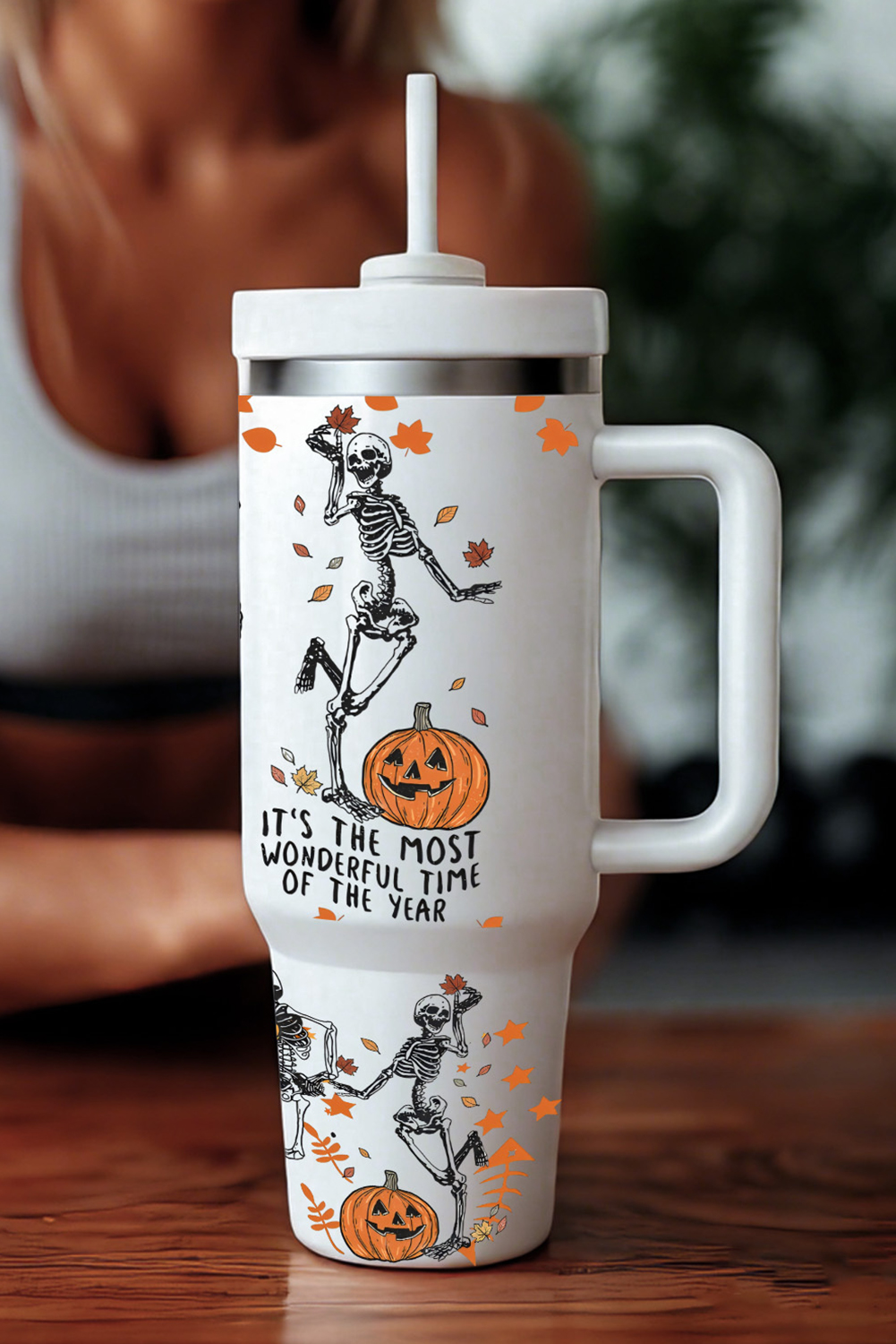 White 1200ml Halloween Dancing Skeleton Pumpkin Face Printed Thermos Cup - loveforevers