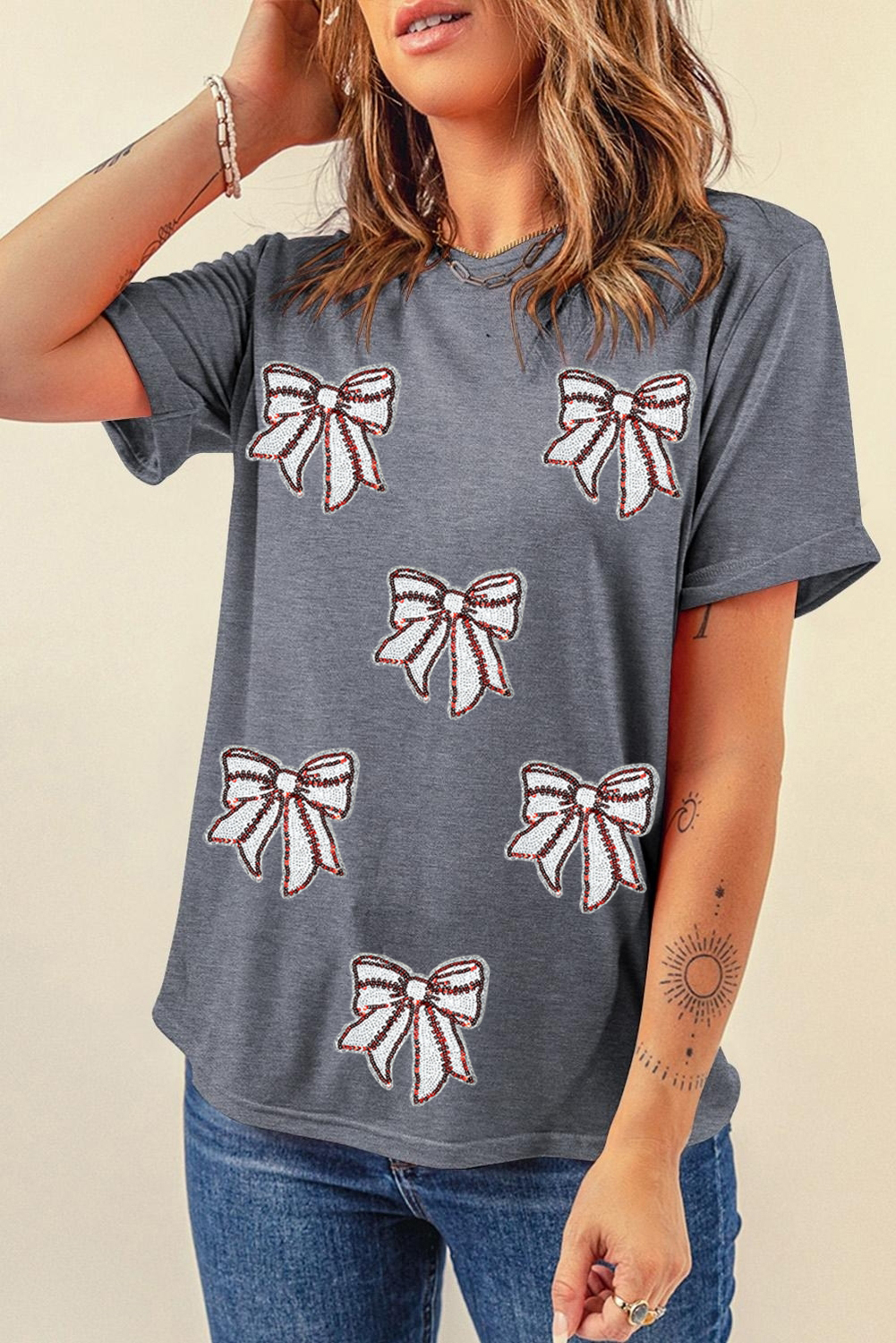 Gray Sequin Bow Baseball Fashion Graphic Tee - loveforevers