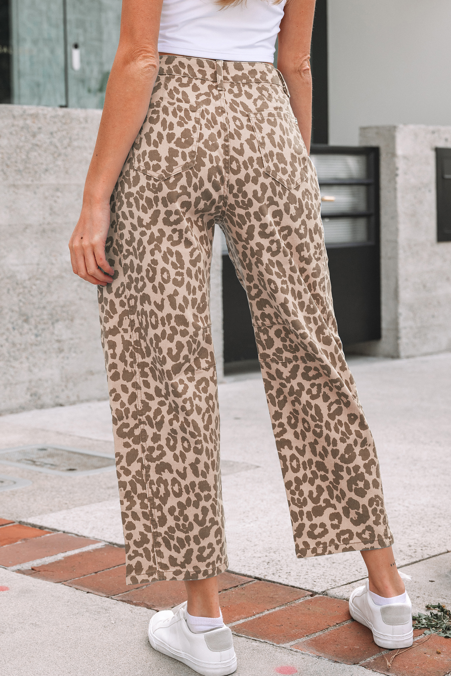Khaki Leopard Print Straight Loose Jeans - loveforevers