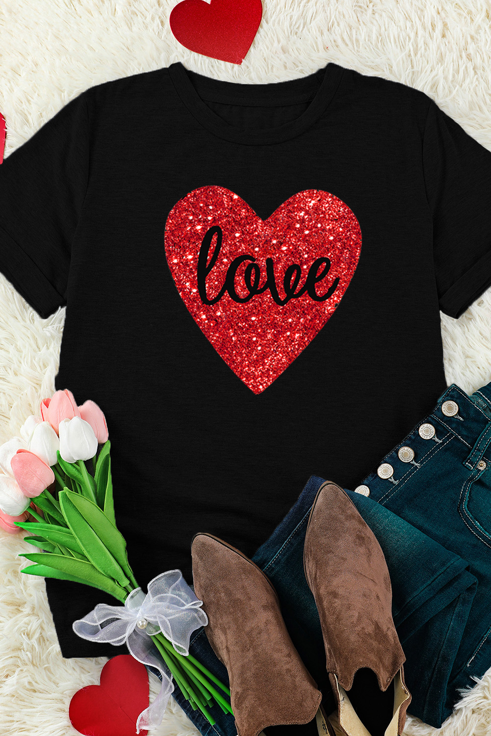 Black Love Heart Shaped Glitter Print T Shirt - loveforevers
