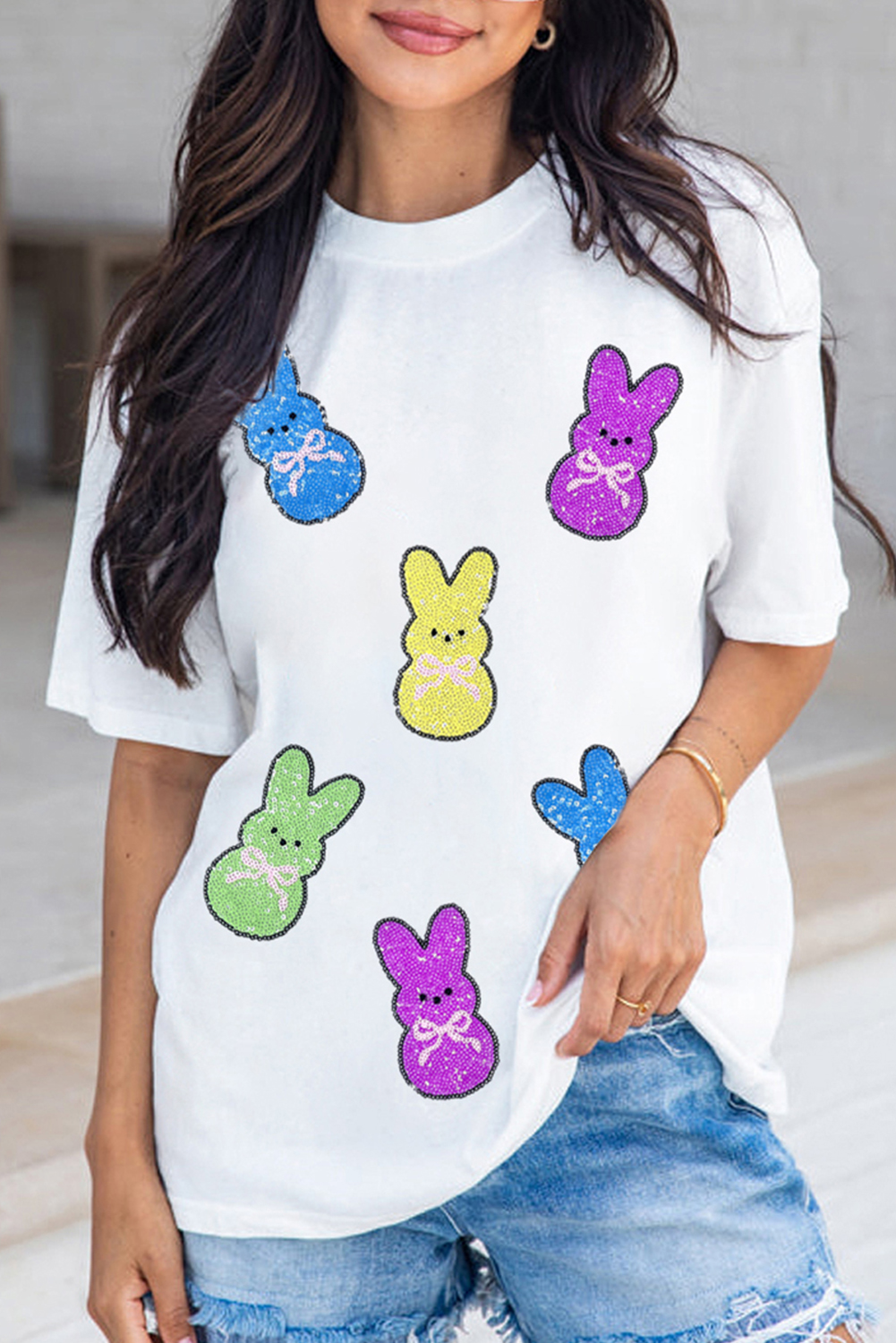 White Sequin Bow Bunny Doll Patched Easter Graphic Tee - loveforevers