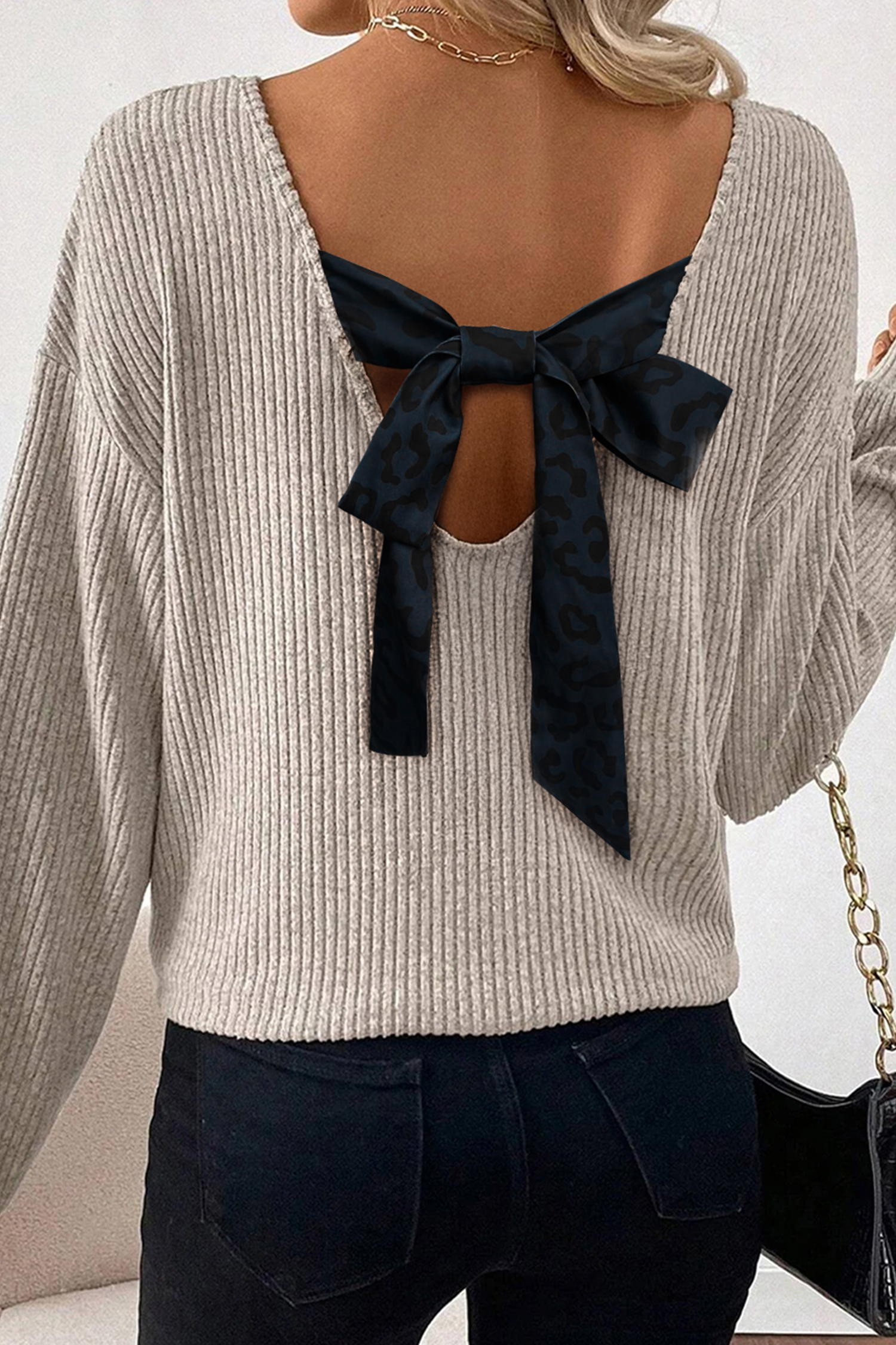 Racing Red Ribbed V Neck Contrast Ribbon Bow Back Drop Shoulder Long Sleeve Top - loveforevers