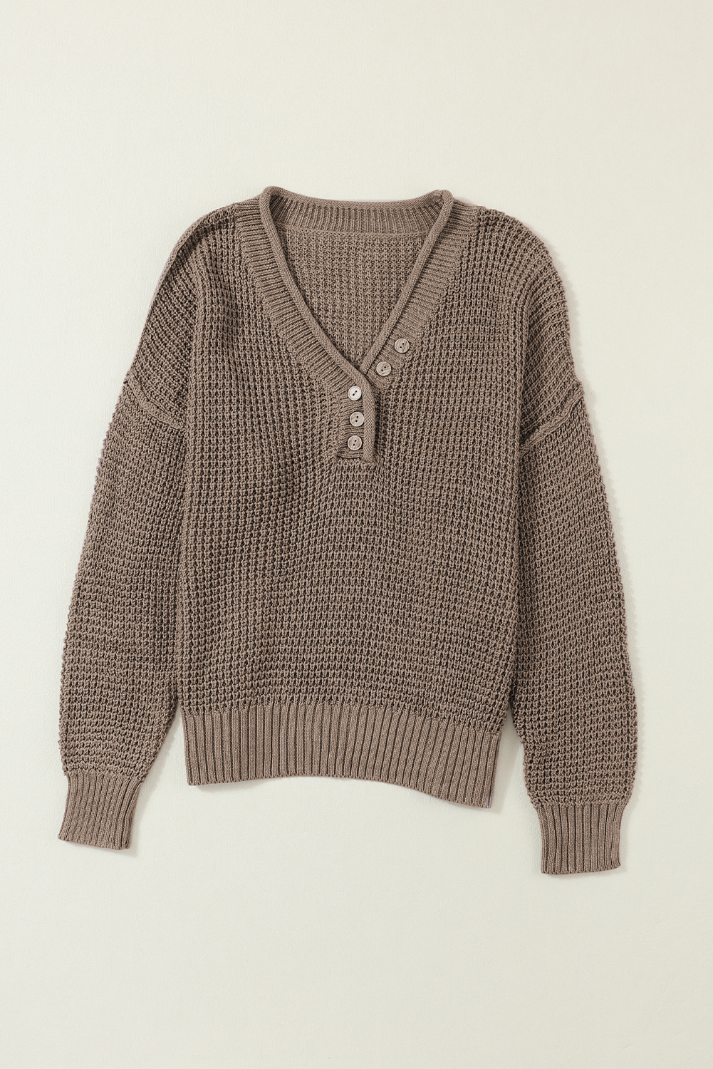 Khaki Pointelle Knit Button V Neck Drop Shoulder Sweater - loveforevers