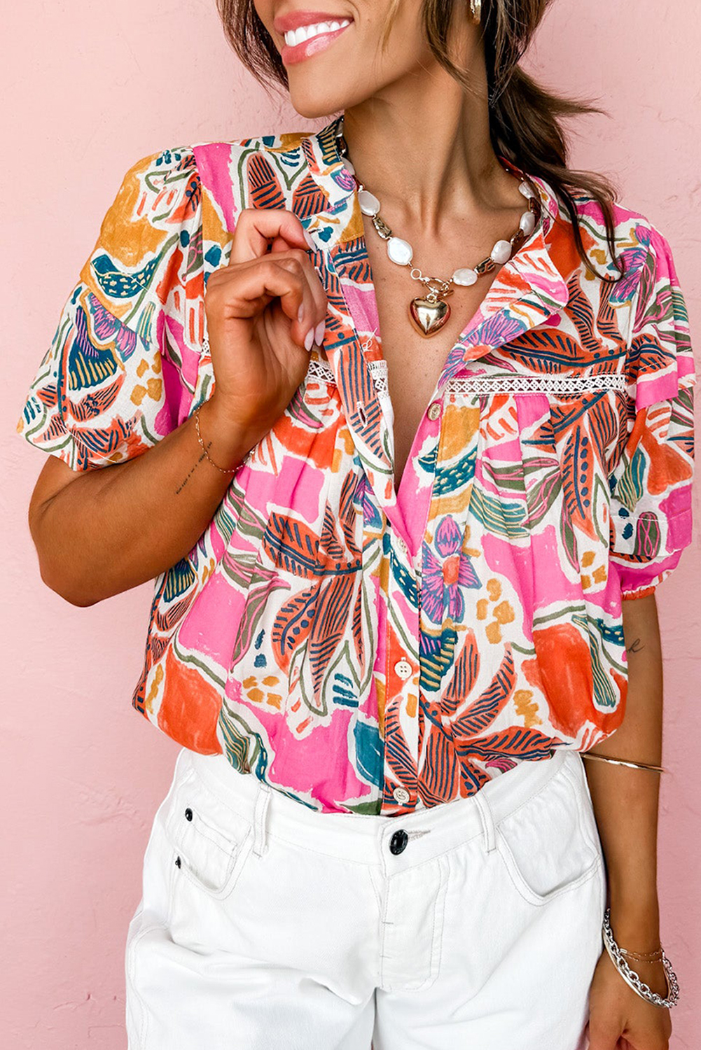Rose Tropical Vacation Vibe Printed Button Up Short Sleeve Shirt - loveforevers
