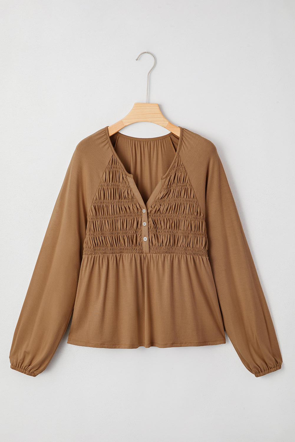 Black Smocked Bust Buttoned Split V Neck Flow Fit Blouse - loveforevers