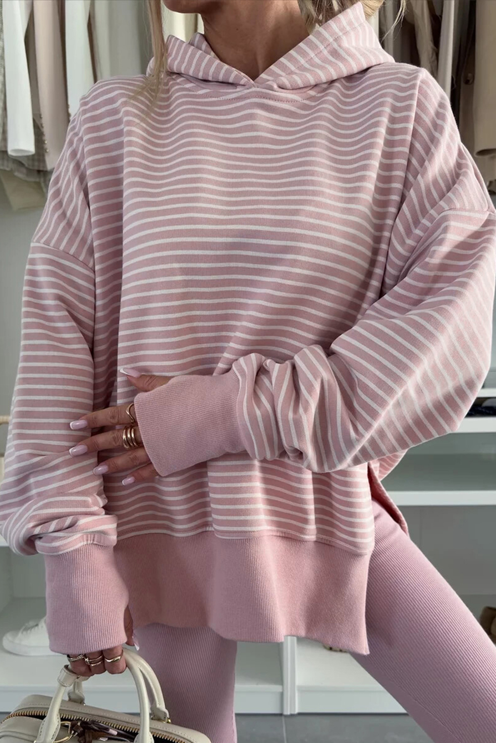 Purple Stripe Thumbhole Side Slits Drop Shoulder Loose Fit Hoodie - loveforevers