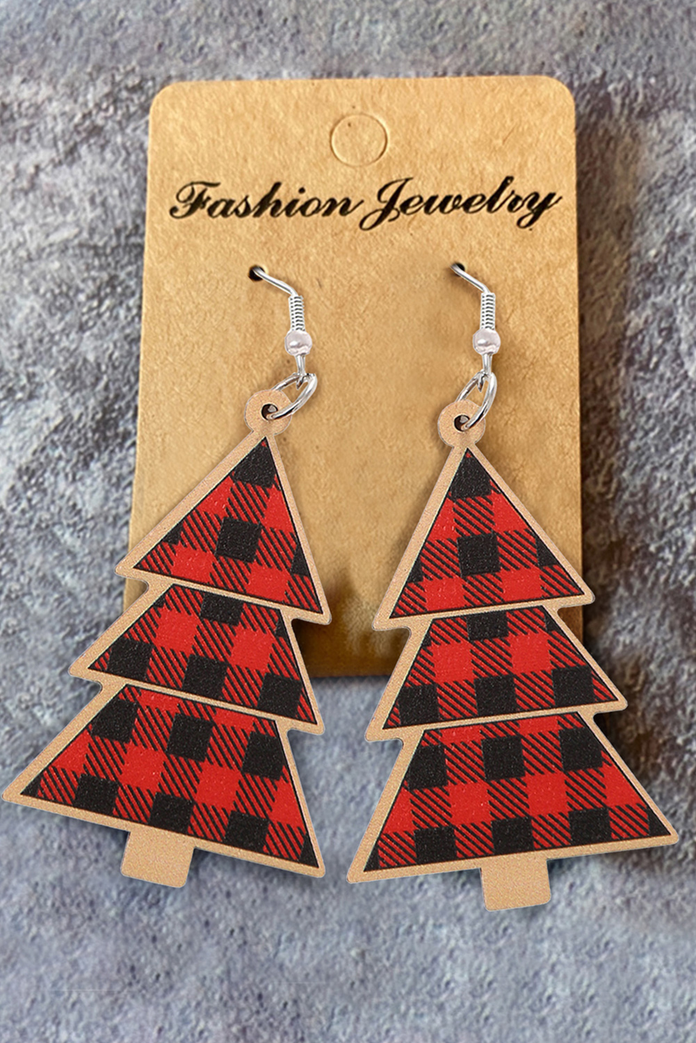 Red Shade Of Leopard Plaid Christmas Tree Earrings - loveforevers