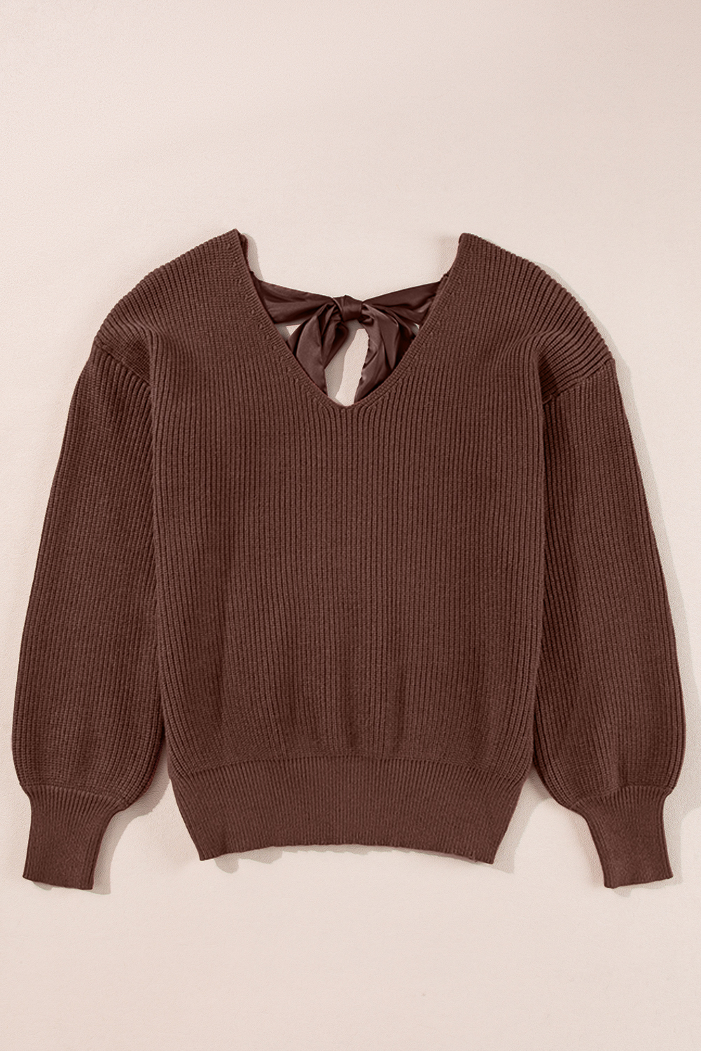 Racing Red Lantern Sleeve V Neck Knot Back Sweater - loveforevers