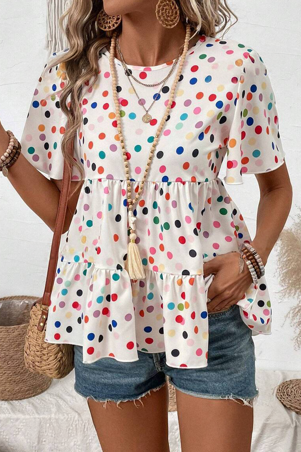 White Colorful Polka Dot Short Sleeve Tiered Ruffled Babydoll Blouse - loveforevers