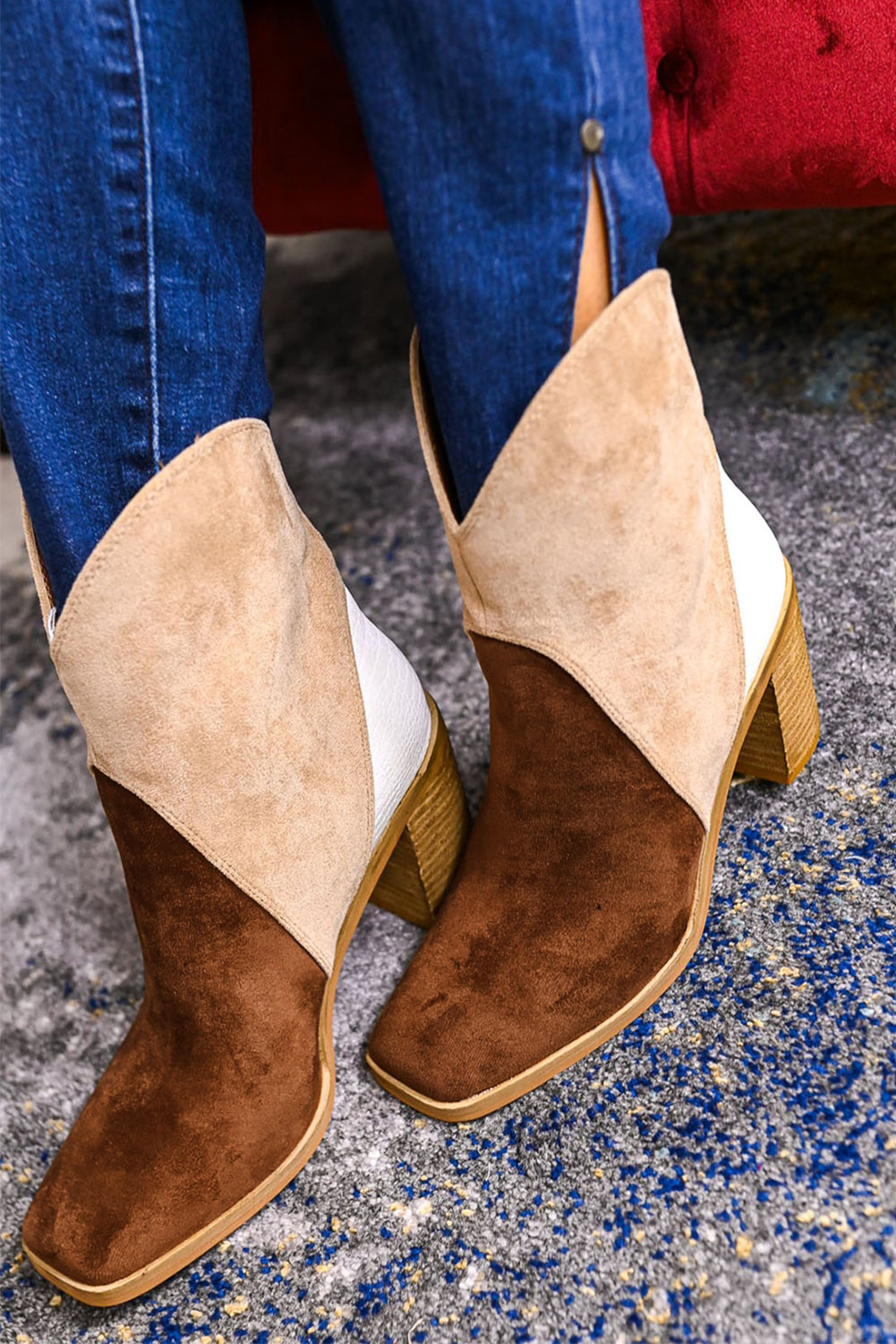 Chestnut Colorblock Suede Heeled Ankle Booties - loveforevers
