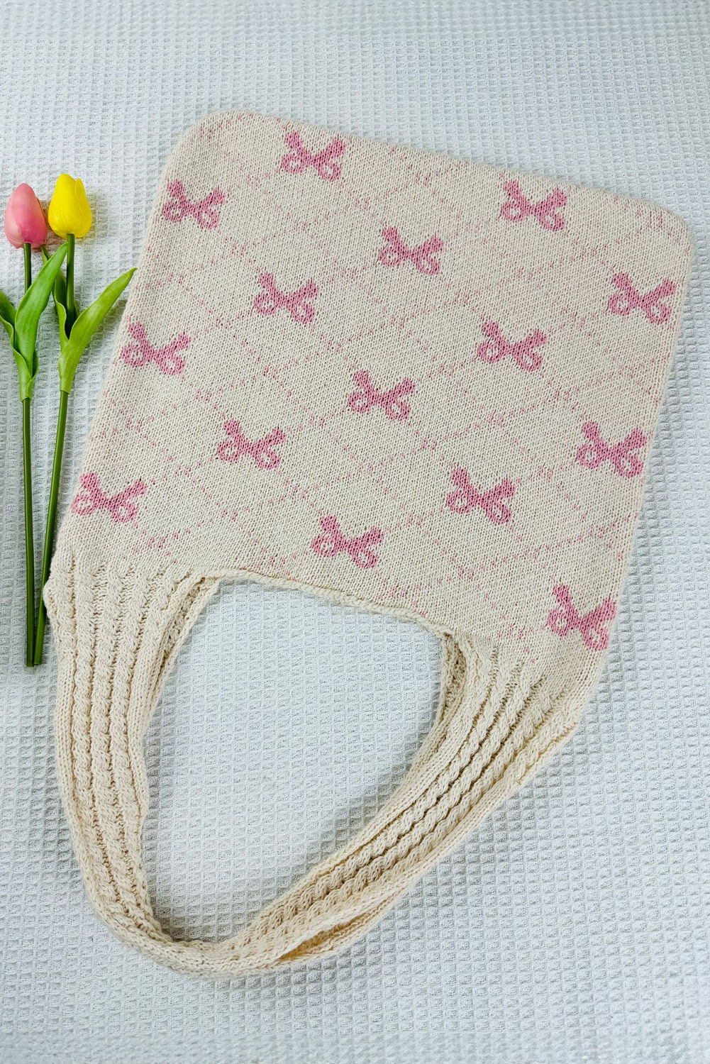 Beige Sweet Bowknot Textured Strap Knit Shoulder Bag - loveforevers