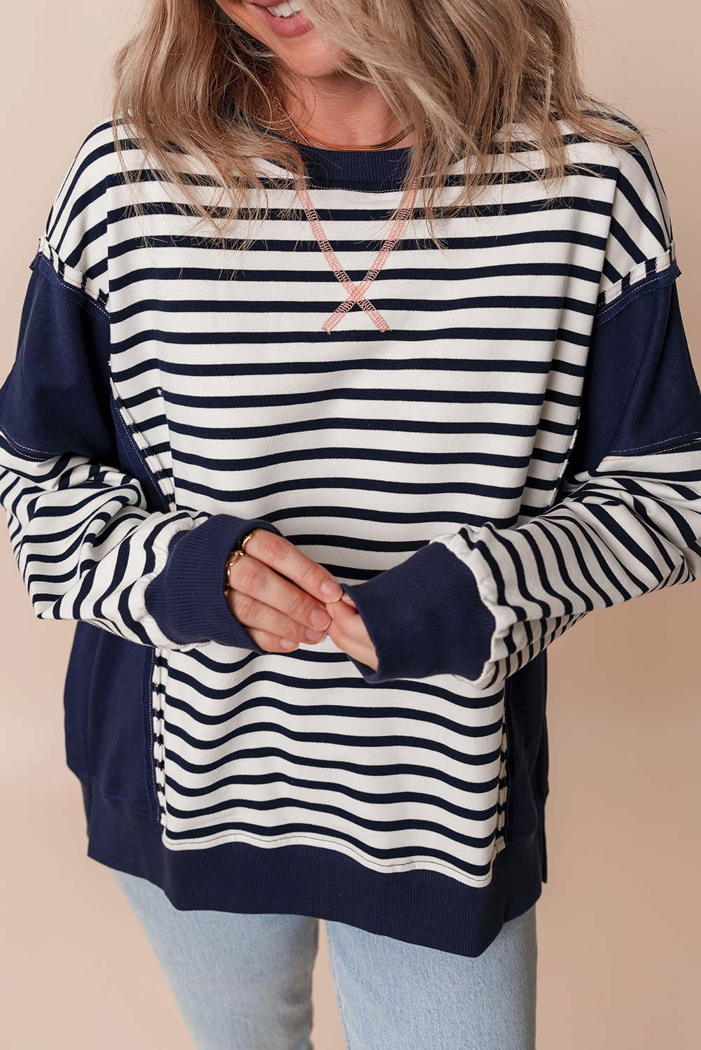 White Stripe Color Block Exposed Seam Loose Fit Sweatshirt - loveforevers