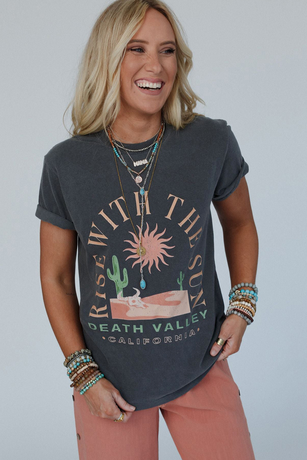 Dark Grey RISE WITH THE SUN Western Fashion Graphic Tee - loveforevers