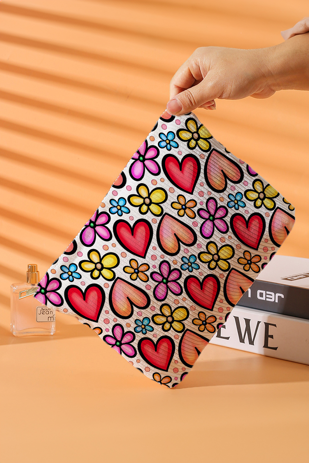 Fiery Red Heart Flower Print Corduroy Large Makeup Bag - loveforevers