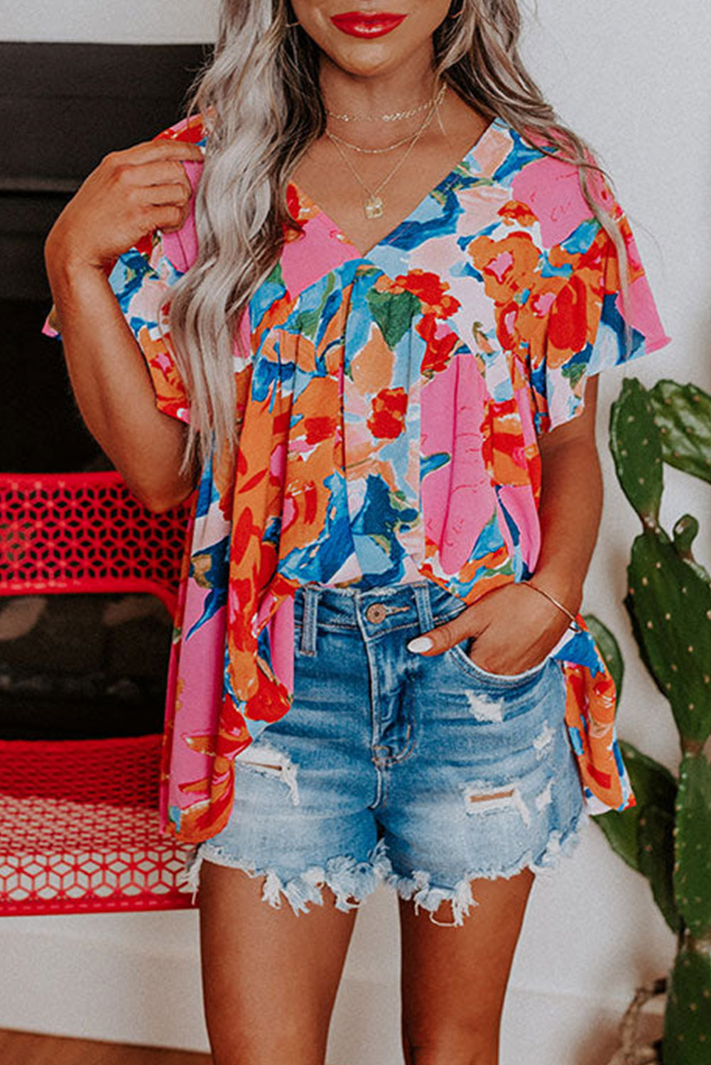 Pink Abstract Print V Neck Flutter Sleeve Blouse - loveforevers
