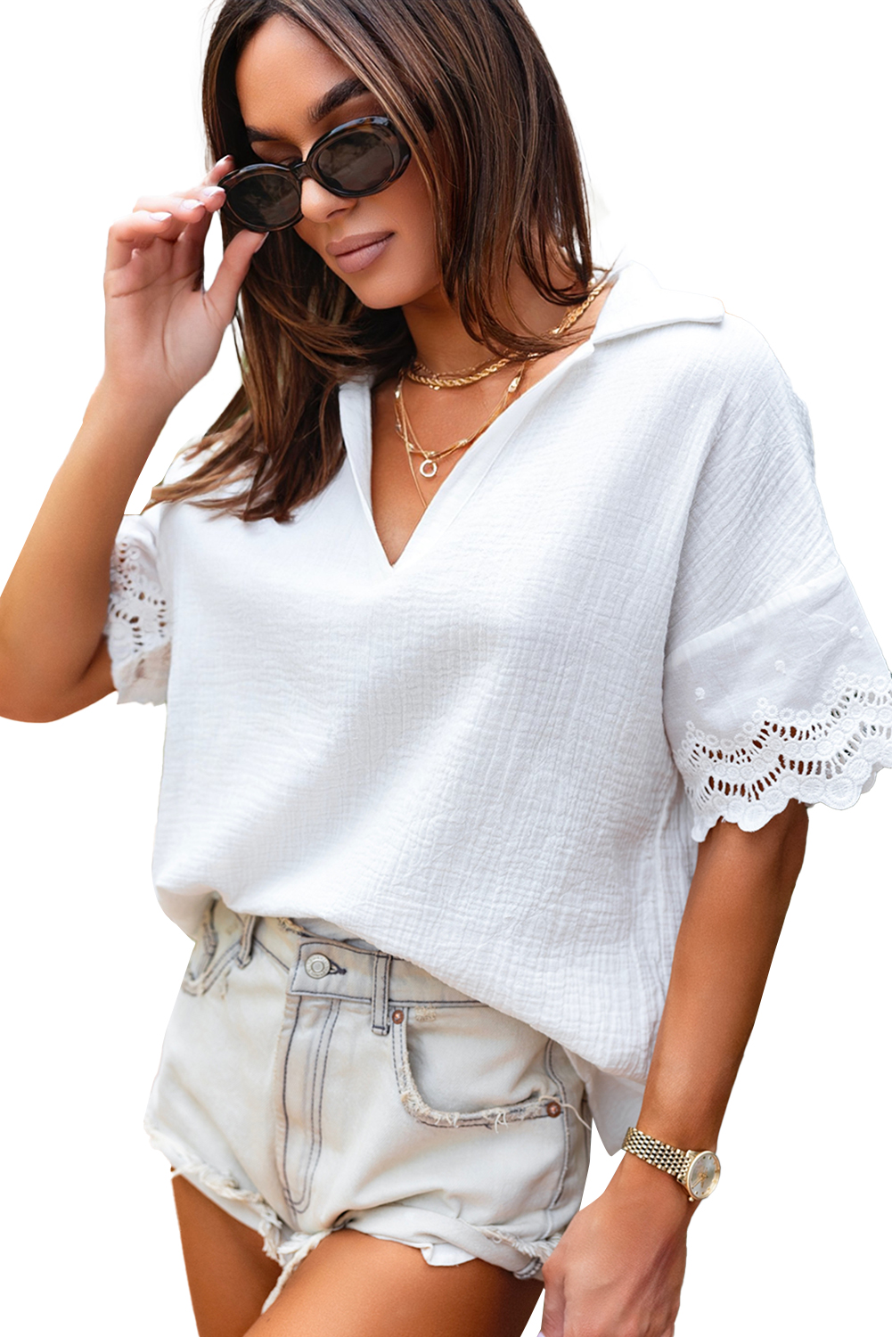 White Crinkled Lace Splicing Sleeve Collared V Neck Blouse - loveforevers