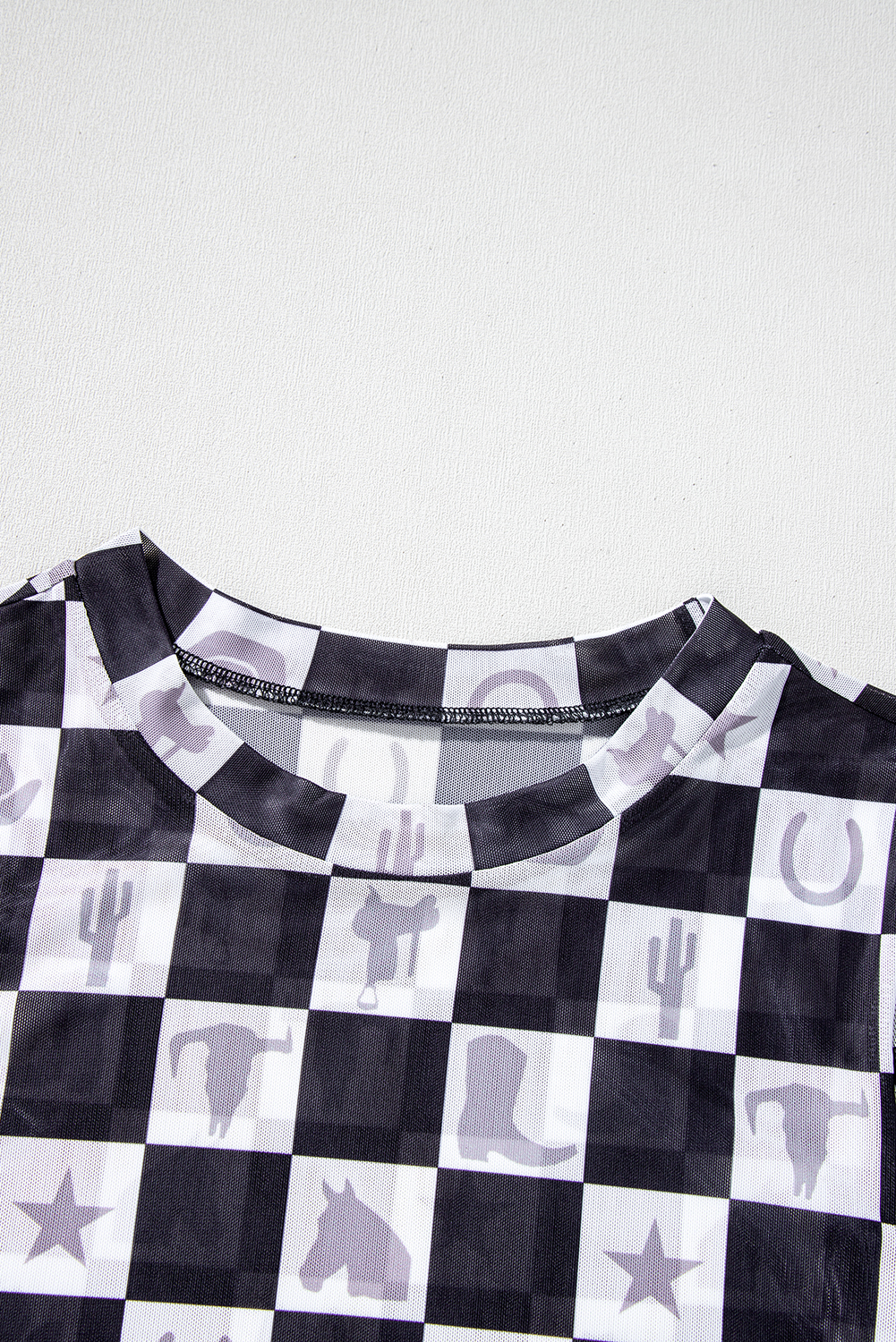 Khaki Checkered Pattern Mesh Mock Neck Long Sleeve Top - loveforevers