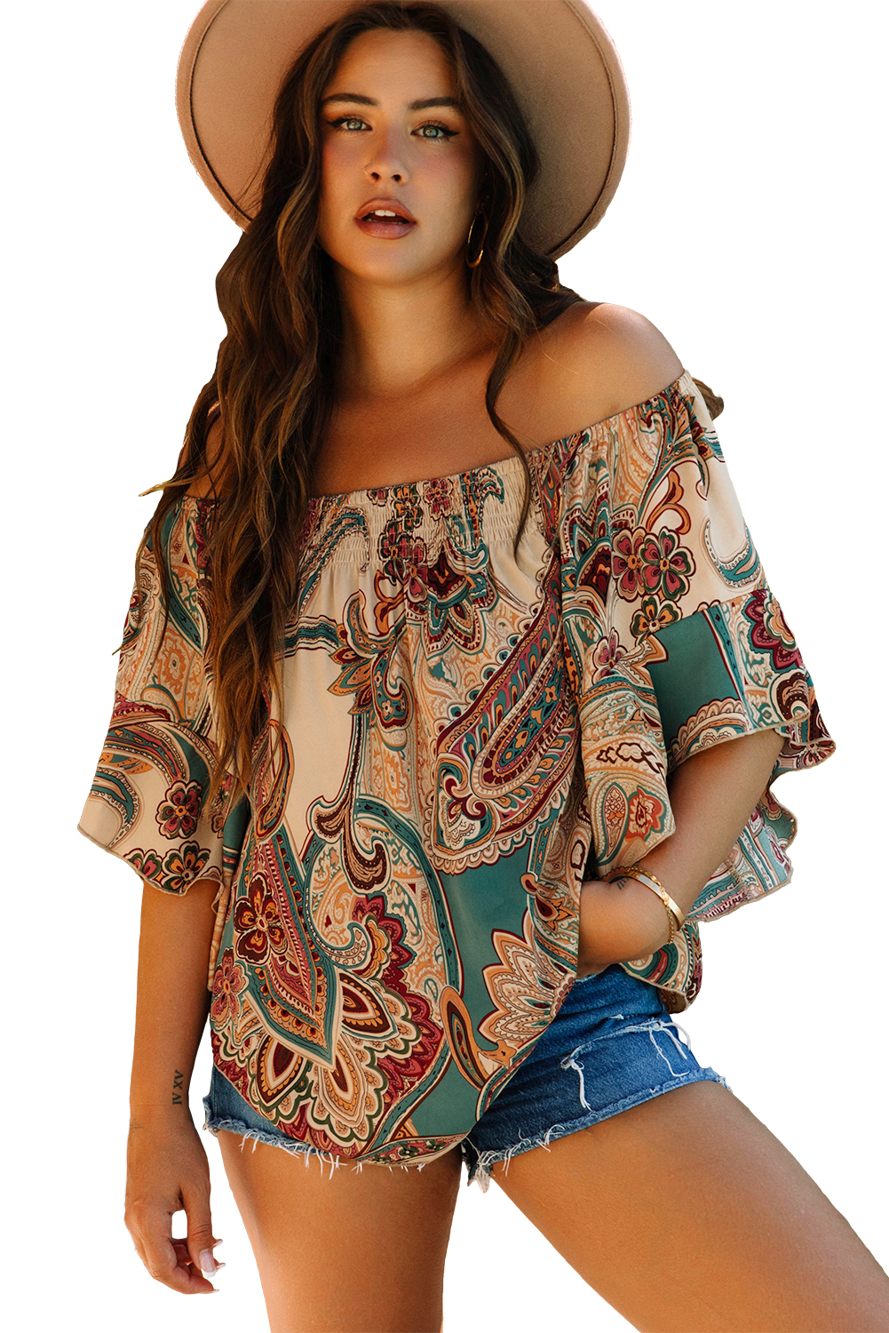 Apricot Paisley Printed Shirred Off Shoulder Ruffled Draped Sleeve Blouse - loveforevers