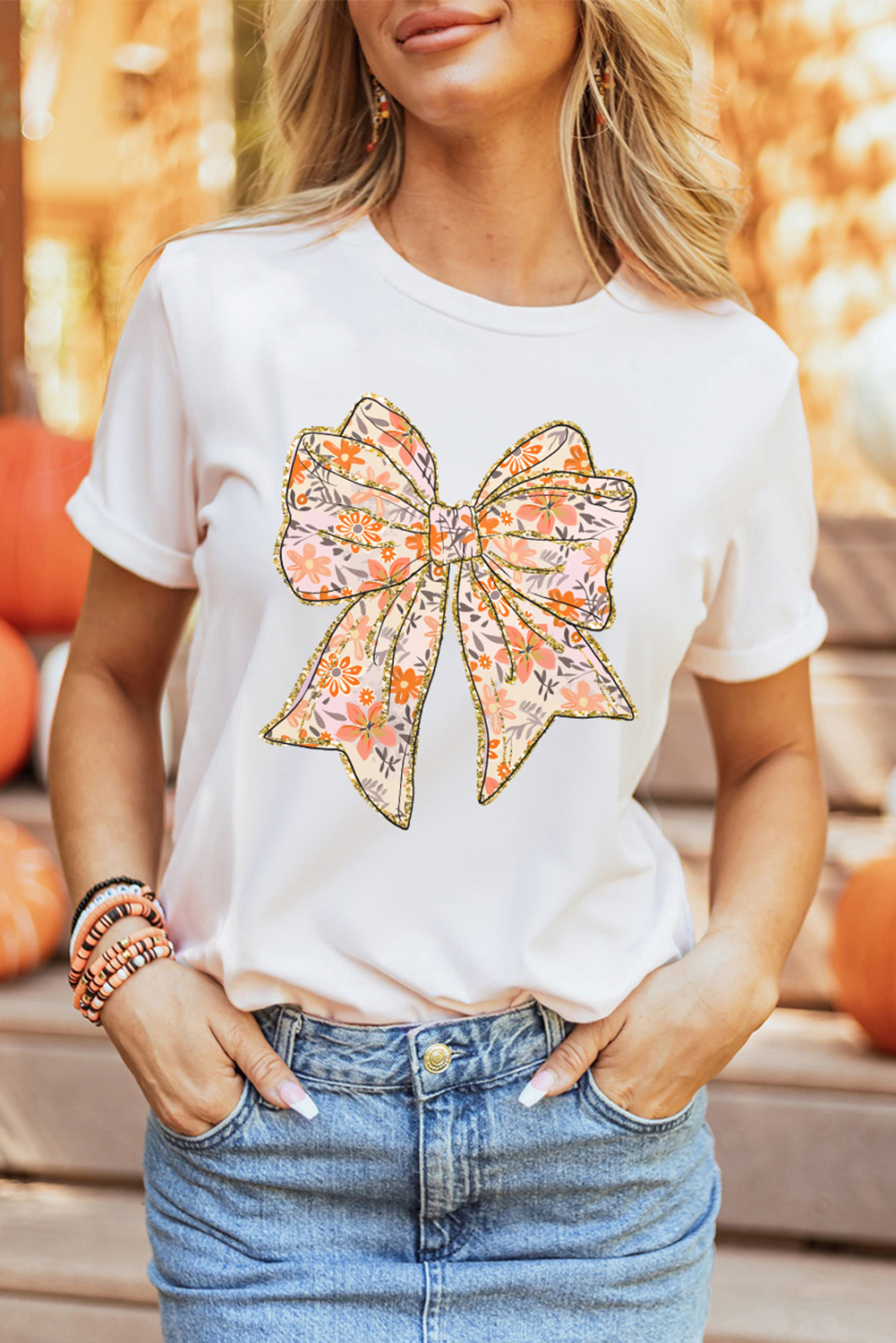 White Glitter Trim Floral Bow Print Cotton Blend T Shirt - loveforevers