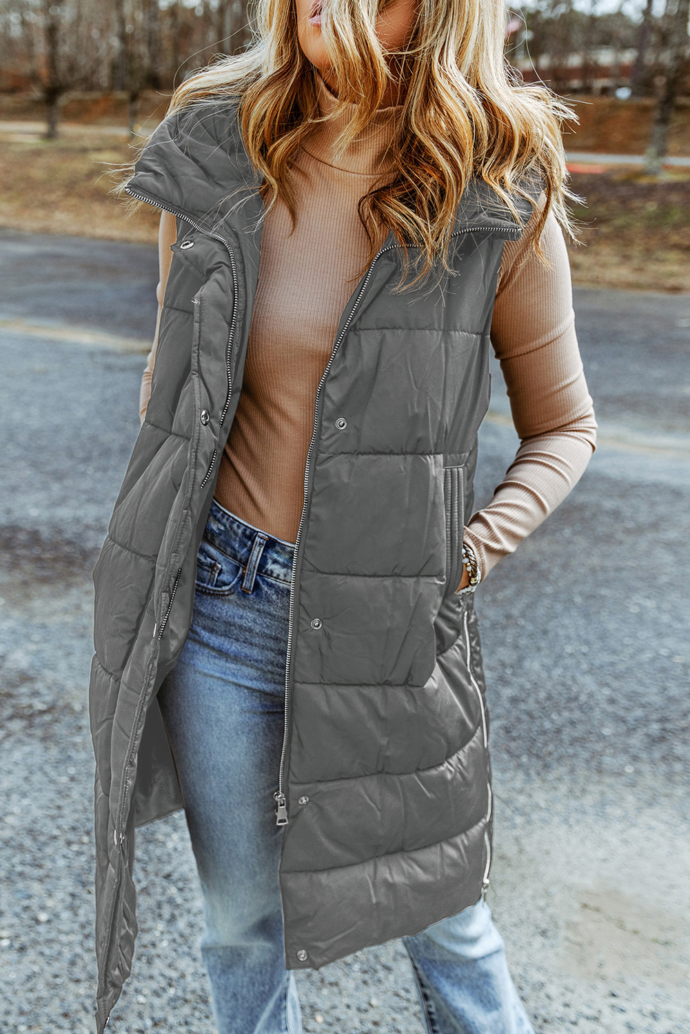 Dark Grey Hooded Long Quilted Vest Coat - loveforevers