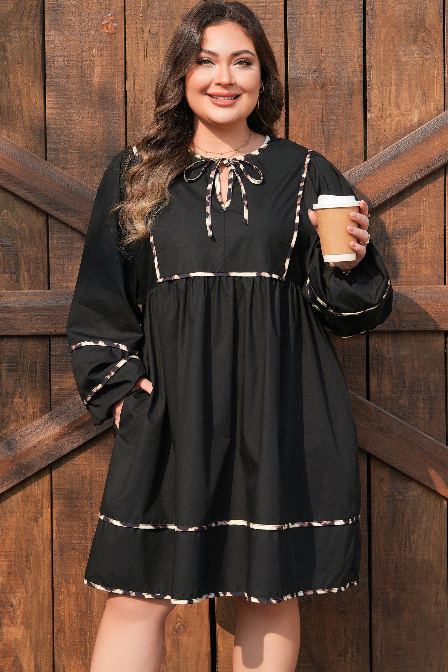 Black Plus Size Long Sleeve Leopard Contrasted Trim Tie Neck Flared Mini Dress - loveforevers