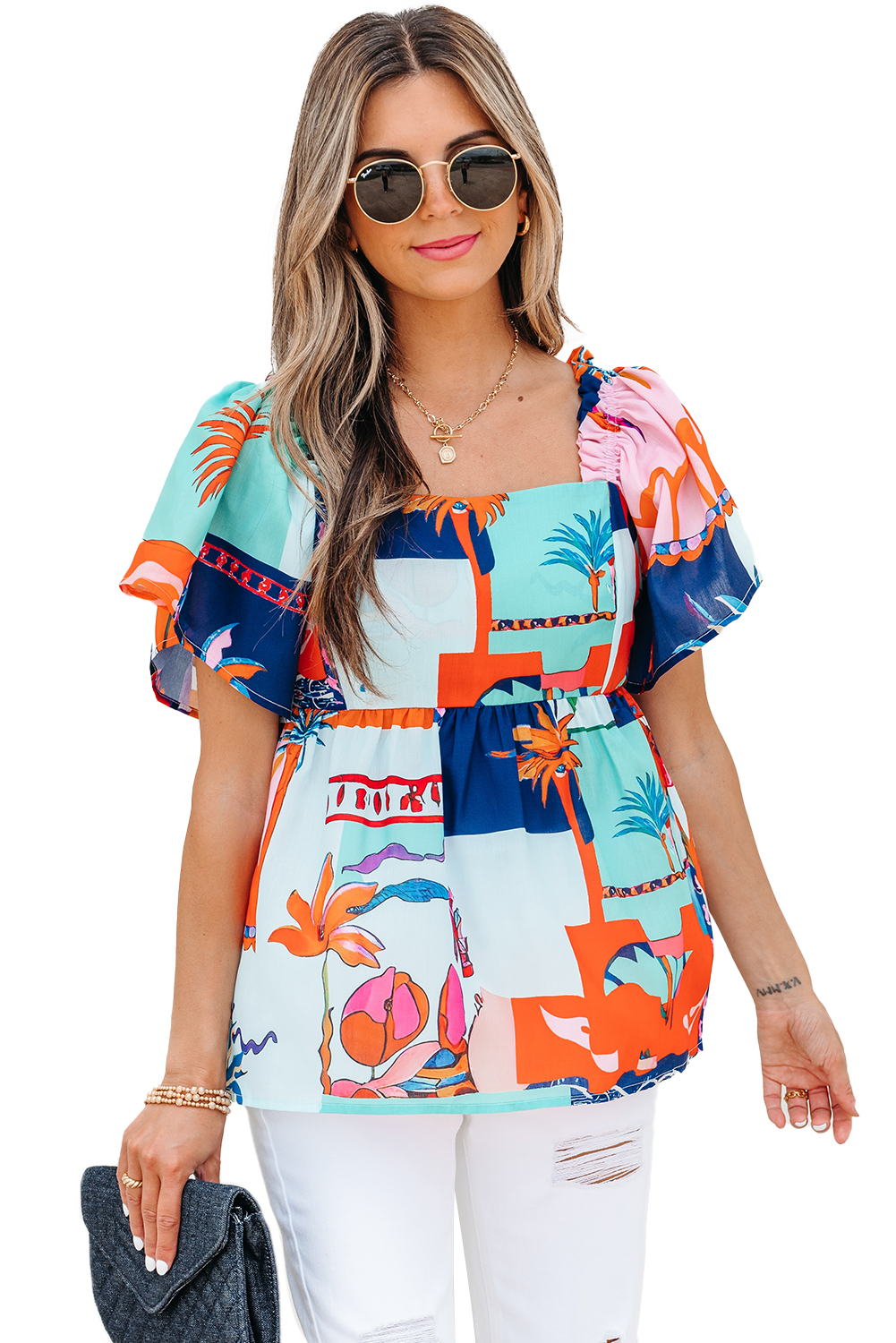Sky Blue Tropical Printed Square Neck Flutter Sleeve Babydoll Blouse - loveforevers