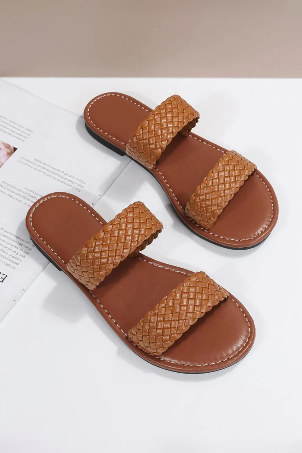 Chestnut Braided Double Band Leathered Flat Slippers - loveforevers