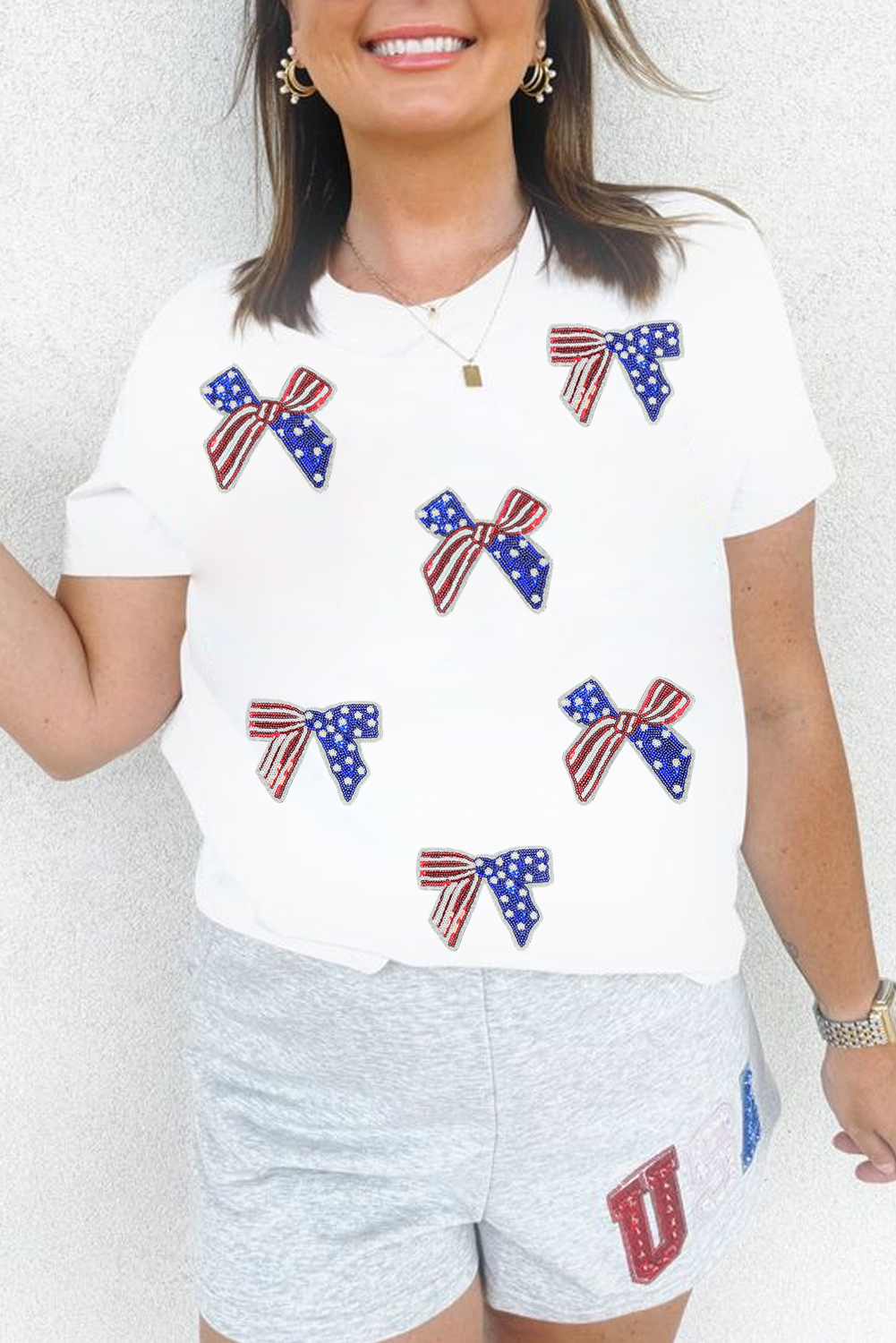 White Sequin Flag Bow Pattern Crew Neck Patriotic Tee - loveforevers
