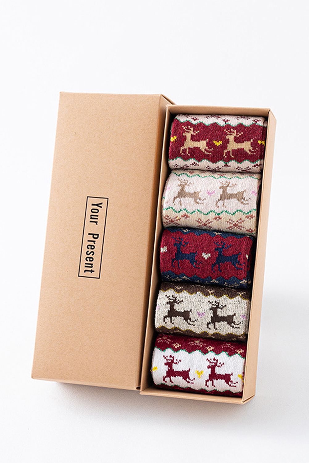Parchment 5 Pairs Christmas Fashion Reindeer Geometric Print Socks in A Box - loveforevers