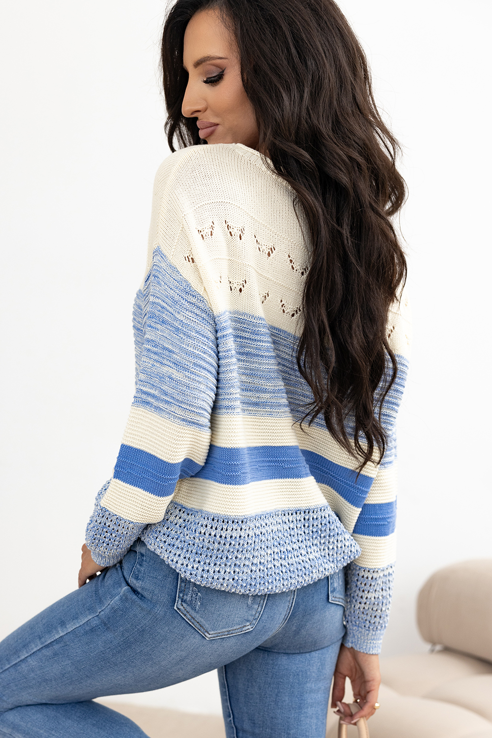 Light Blue Open Stitch Puff Sleeve Sweater - loveforevers
