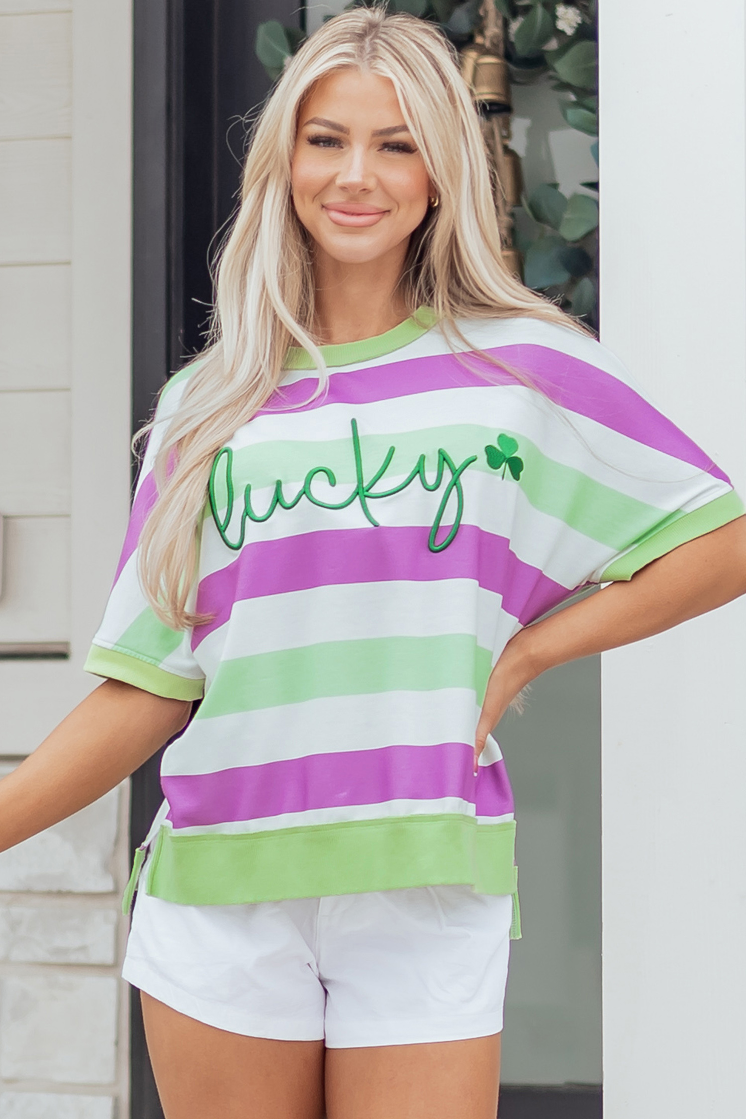 Green Stripe Lucky Clover Embroidered Graphic Dolman Loose Tee - loveforevers
