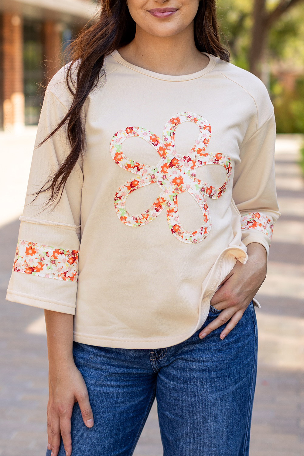 Beige Flower Patch Graphic Exposed Seam Wide Sleeve Top - loveforevers