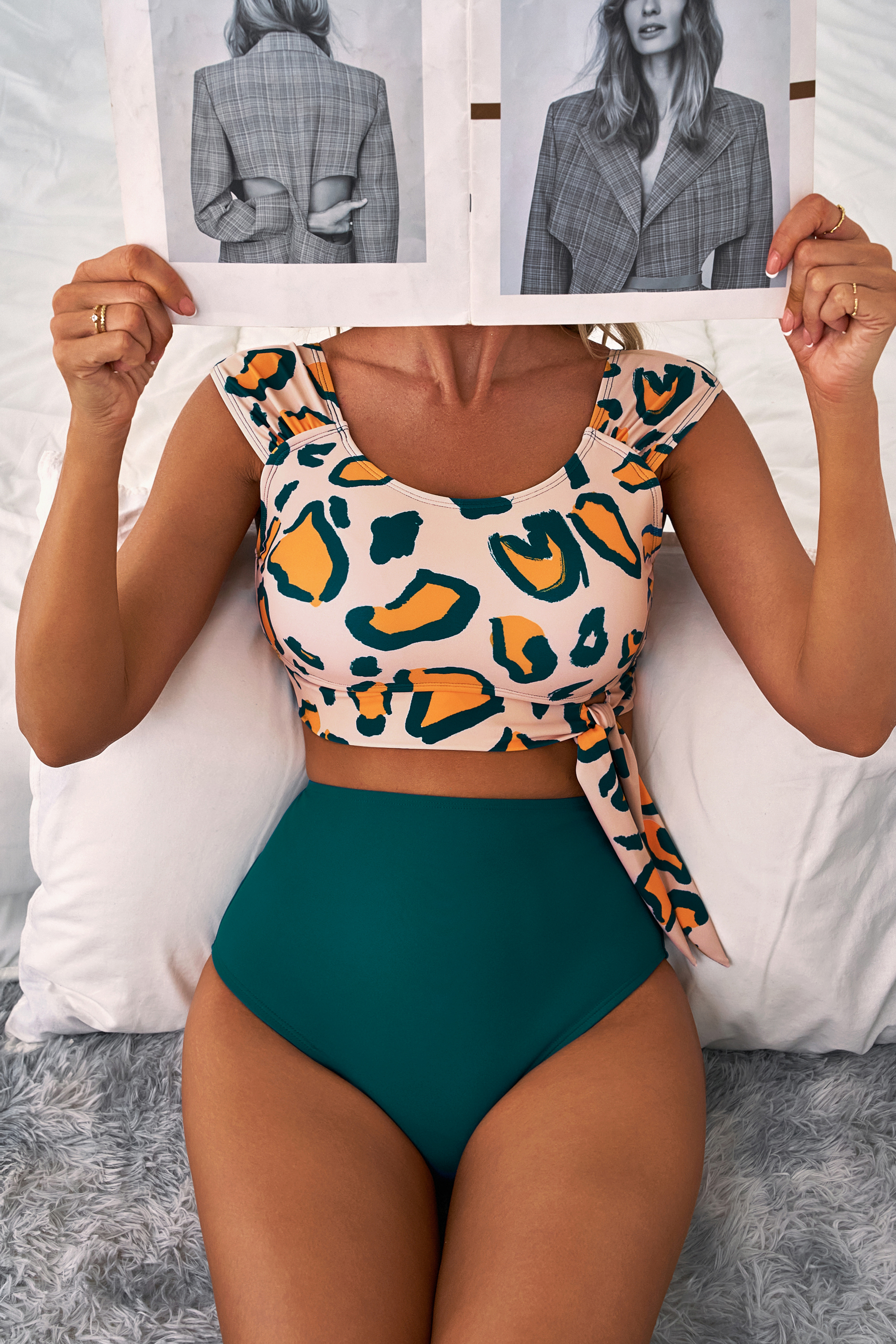 Green Leopard Print U Neck Knotted High Waist Bikini Set - loveforevers
