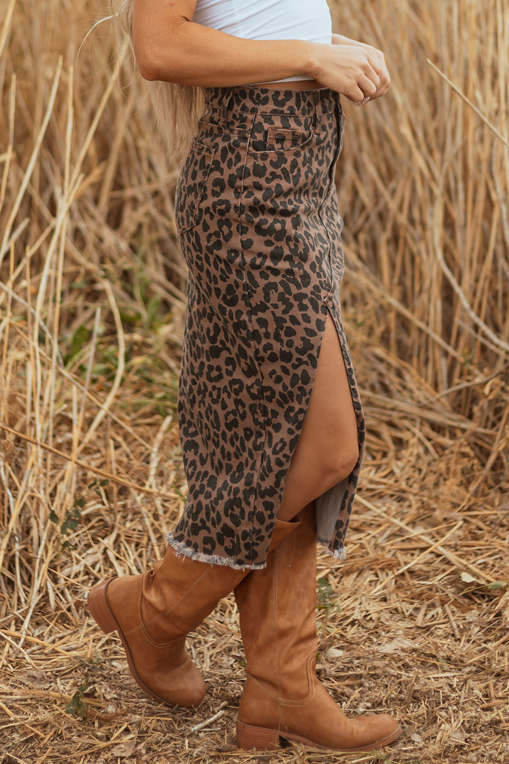 Brown Leopard Denim Frayed Split Denim Midi Skirt - loveforevers