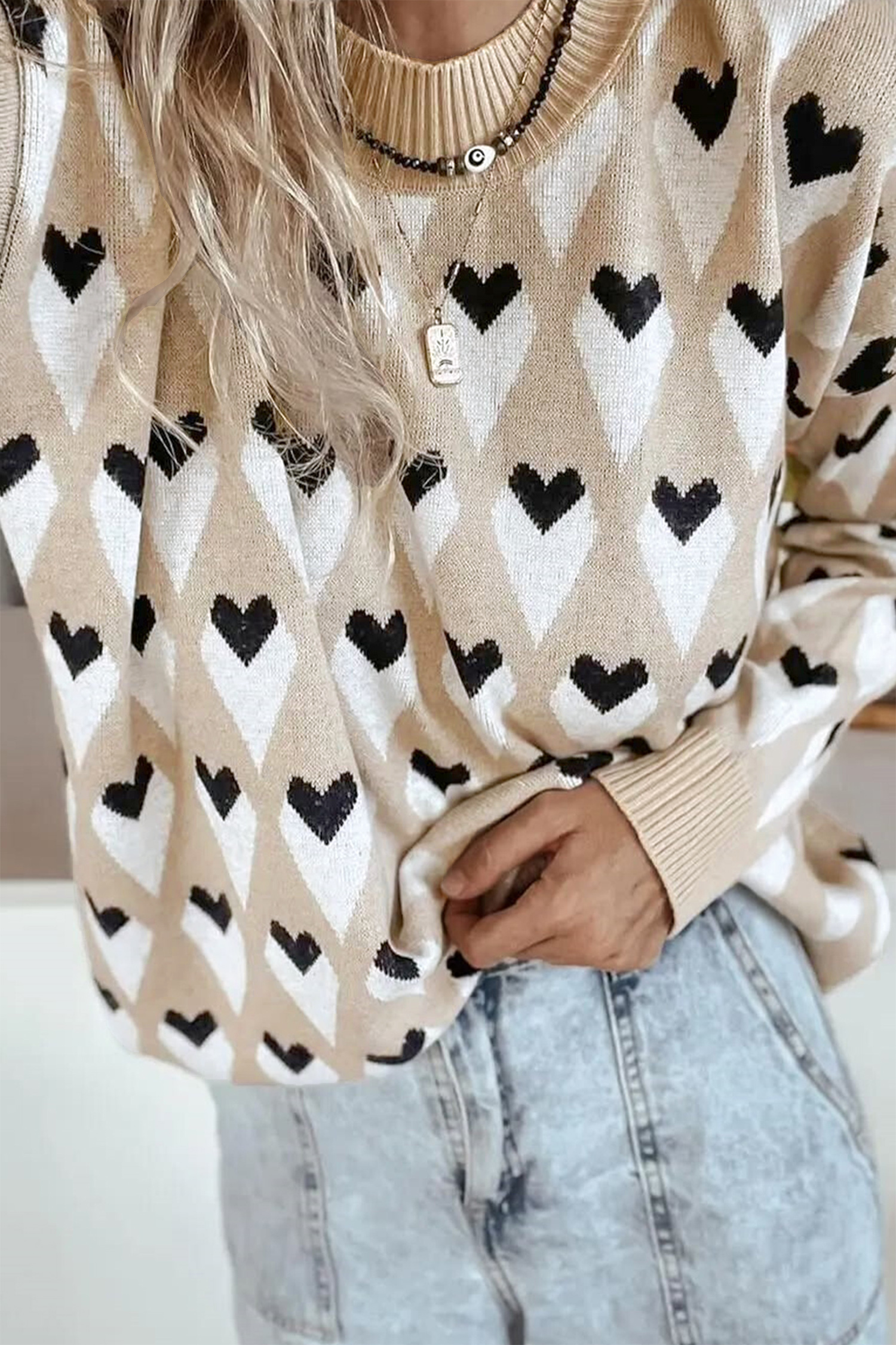 Parchment Geometric Heart Print Ribbed Trim Loose Sweater - loveforevers