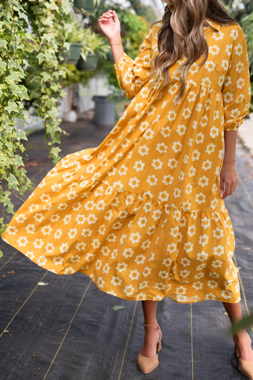 Yellow Flower Print Bracelet Sleeve Buttons Collared Maxi Dress - loveforevers