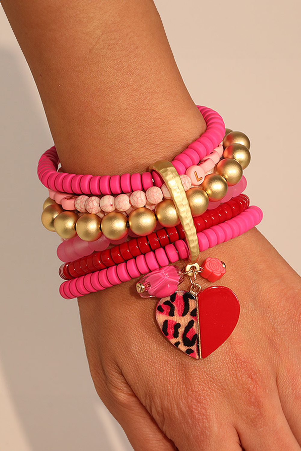 Rose Red Multi Beaded Stack Bracelet with Leopard Heart Charm - loveforevers