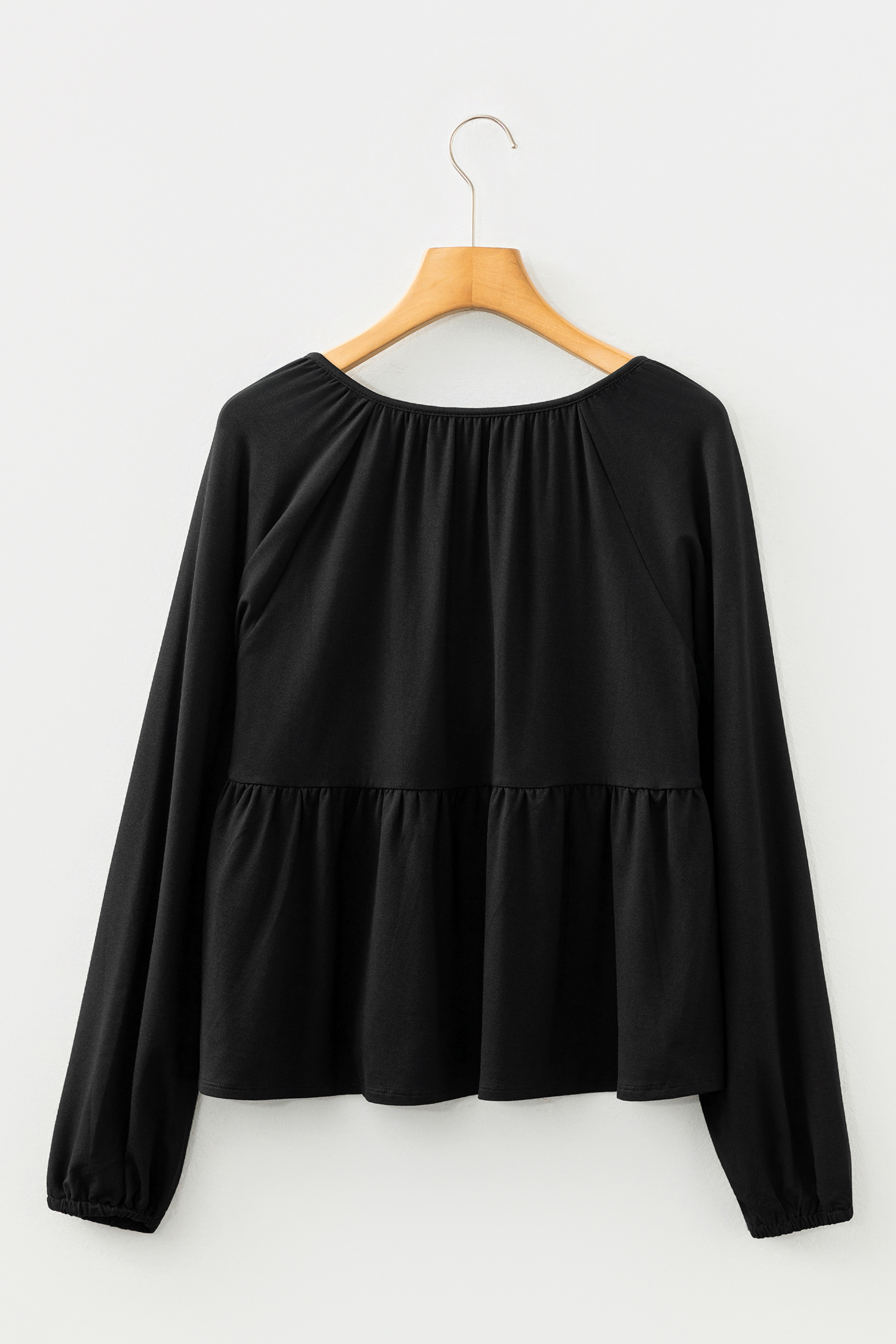 Black Smocked Bust Buttoned Split V Neck Flow Fit Blouse - loveforevers