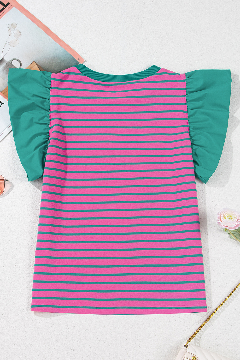 Pink Stripe Collared V Neck Puff Sleeve T Shirt Dress - loveforevers