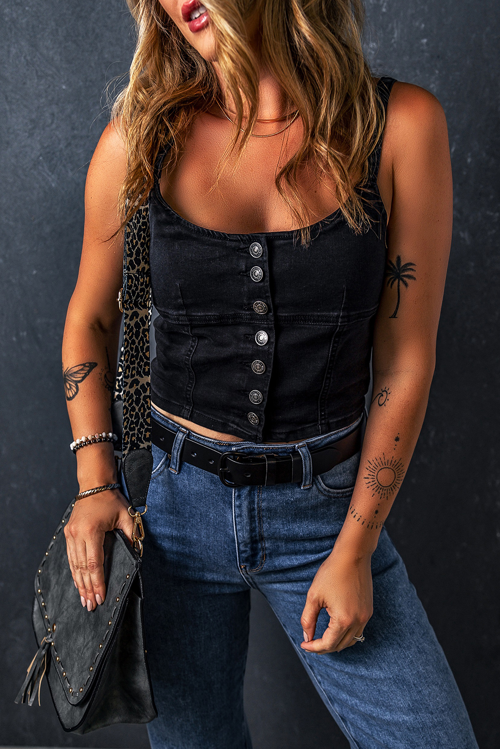 Black Acid Wash Buttoned Cropped Slim Denim Tank Top - loveforevers