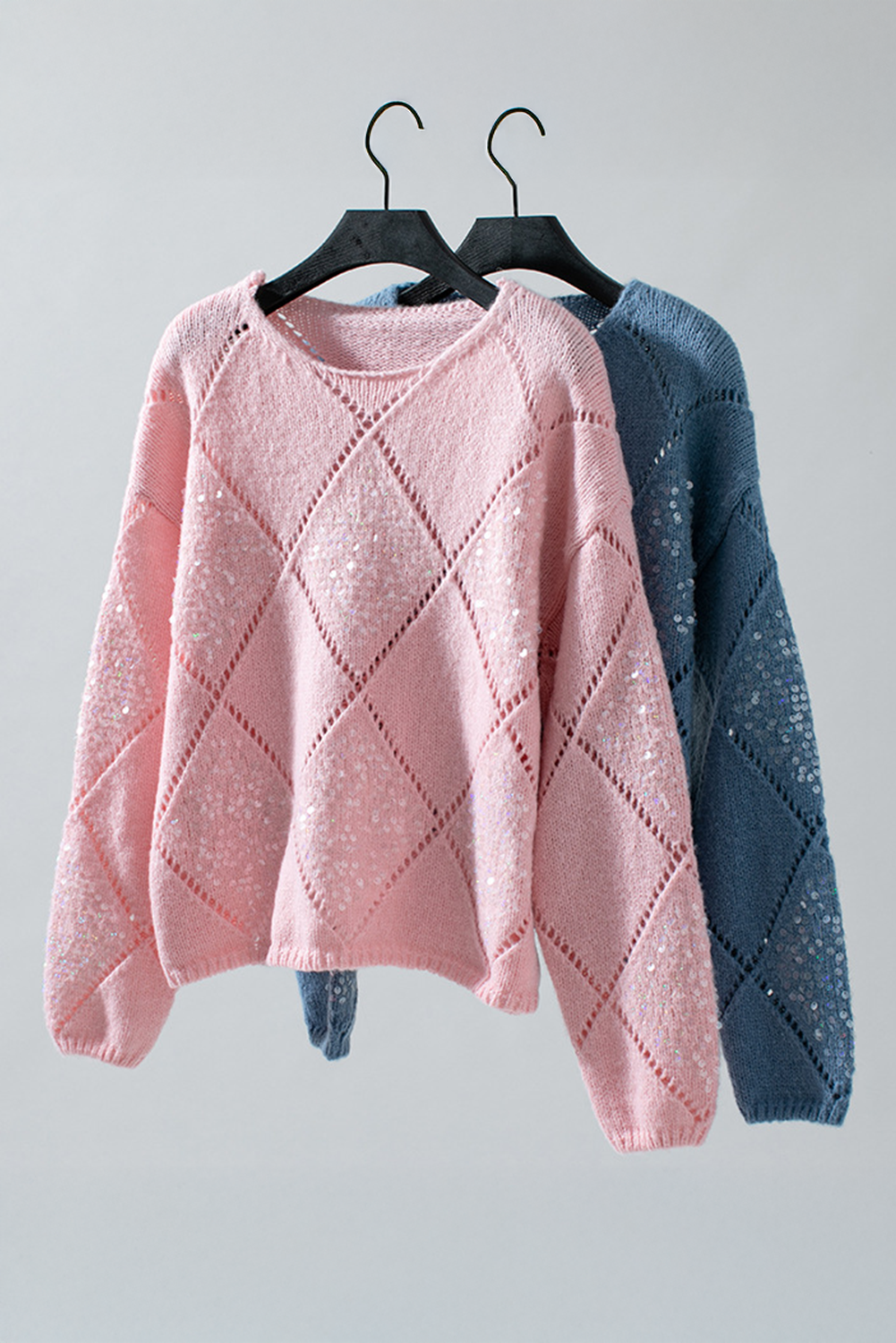Dusk Blue Hollowed Rhombus Pattern Sequin Detail Round Neck Sweater - loveforevers