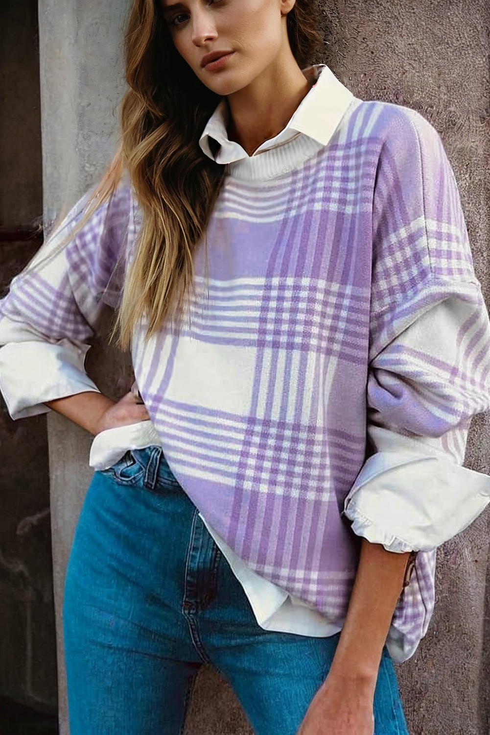 Lilac Plaid Print Ribbed Trim Loose Sweater - loveforevers