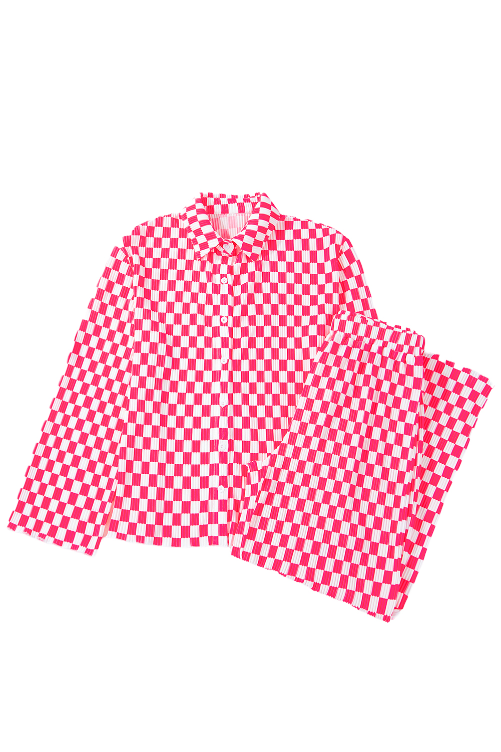 Pink Checkered Buttoned Shirt and High Waist Pants Pajama Set - loveforevers