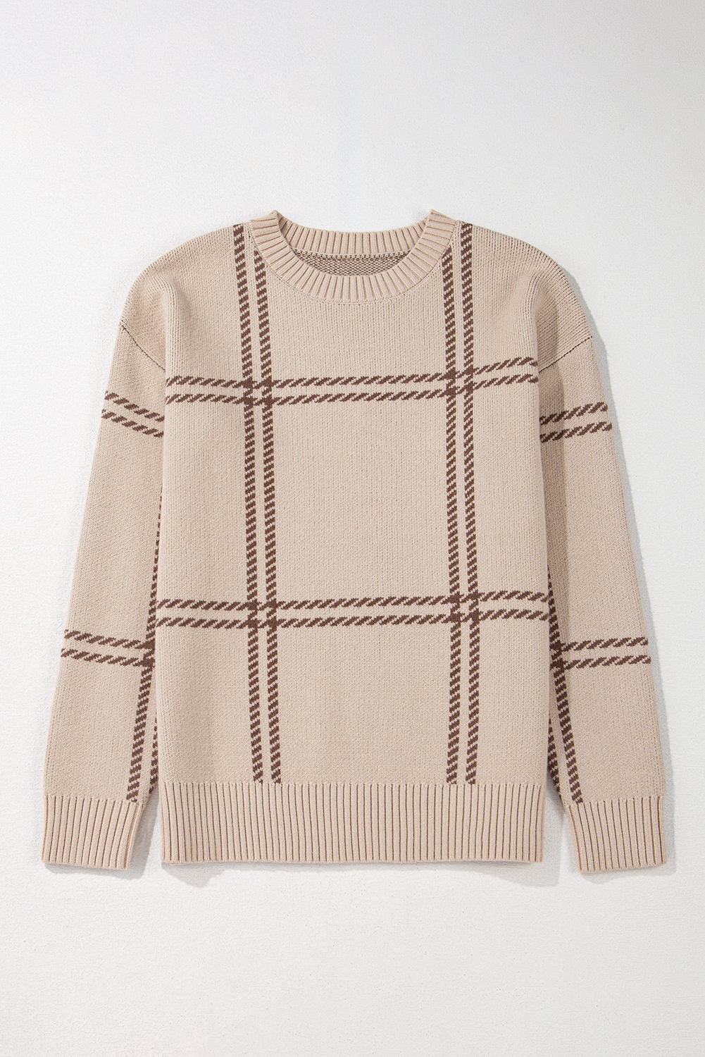 Khaki Plaid Pattern Knitted Drop Shoulder Sweater - loveforevers