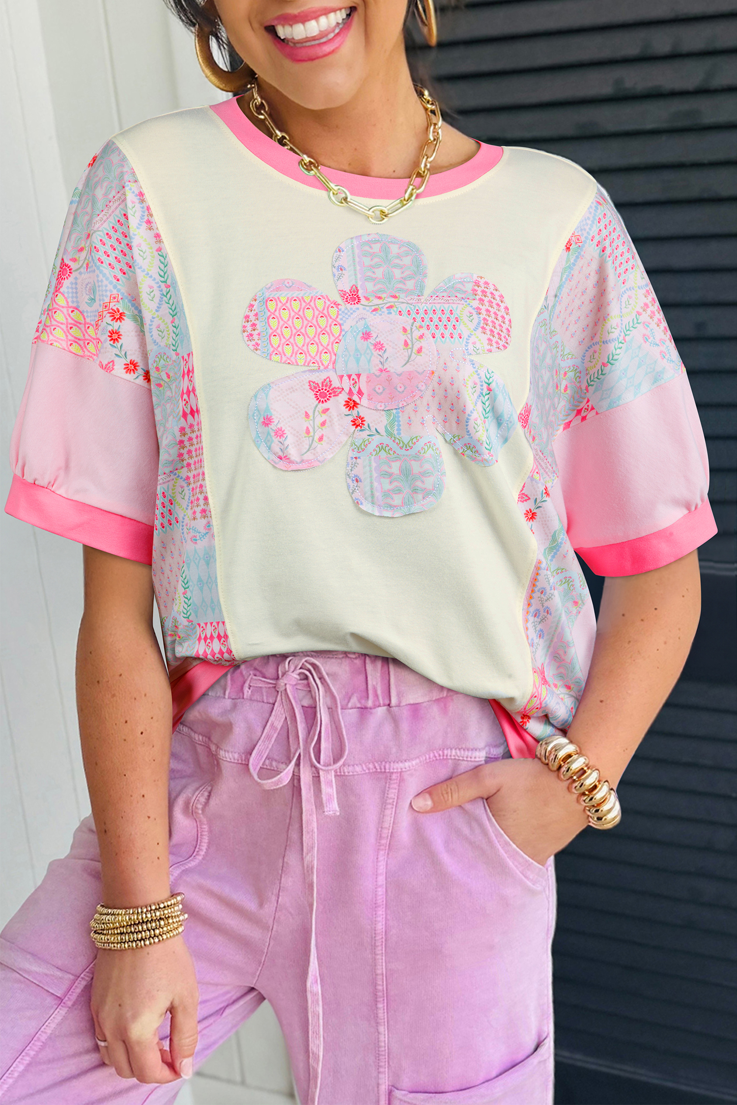 Beige Color Block Floral Patchwork Big Flower Accent Relaxed Top - loveforevers