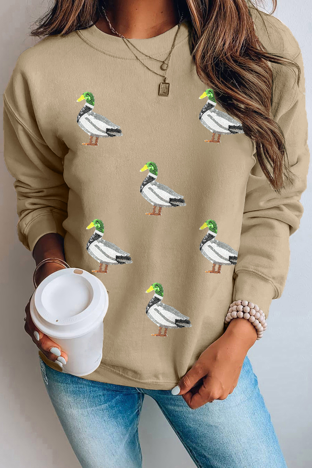 Khaki Sequin Mallard Duck Graphic Baggy Sweatshirt - loveforevers