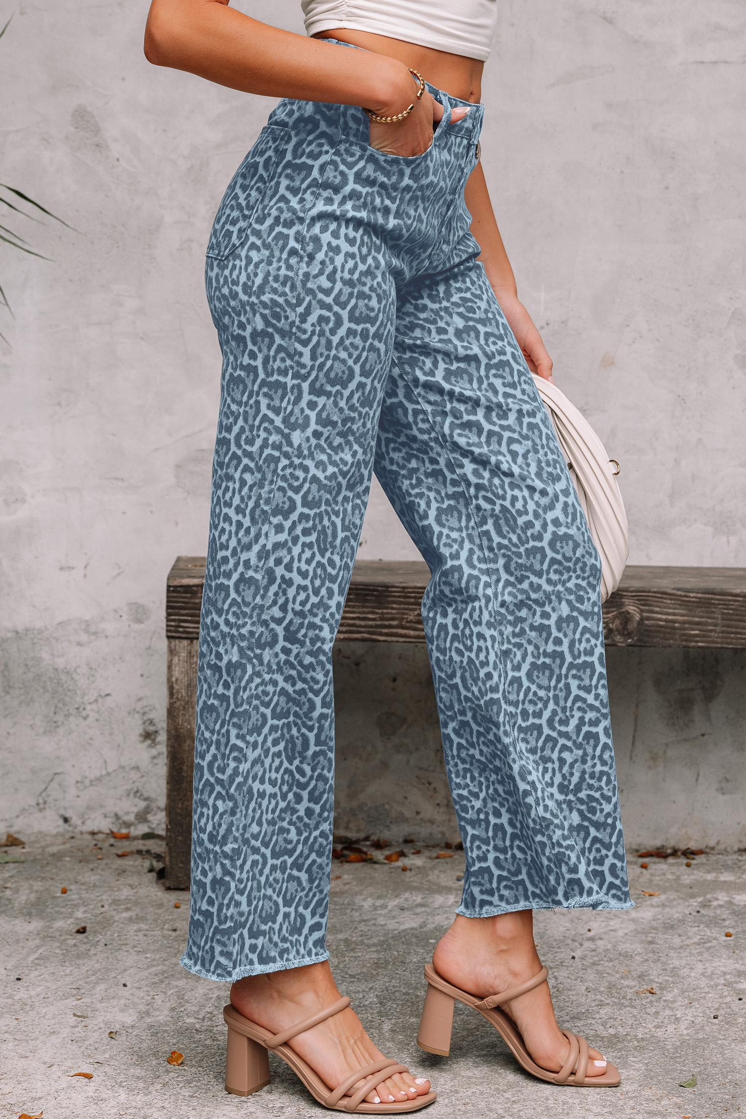 Rose Leopard Frayed Edge Wide Leg High Waist Jeans - loveforevers